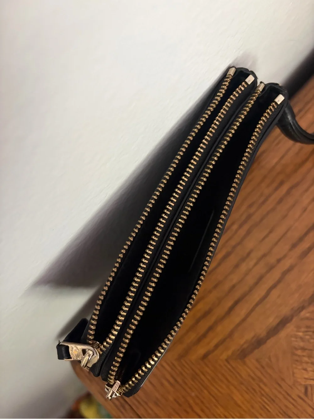 Coach Black Pebbled Leather Double Zip Wristlet with Gold Hardware